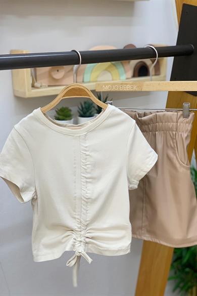 Cuties Kız Çocuk Büzgülü Kısa Kol T-shirt 3309 Bej