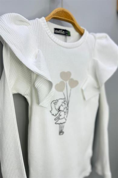 Cuties Kız Çocuk Fırfırlı Kol Baskılı Kaşkorse Body 4222 Krem