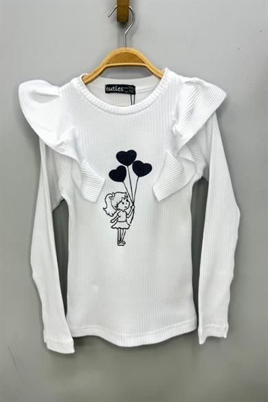 Cuties Kız Çocuk Fırfırlı Kol Baskılı Kaşkorse Body 4222 Beyaz