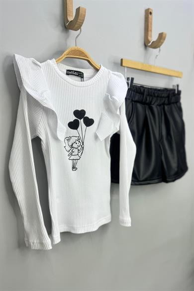 Cuties Kız Çocuk Fırfırlı Kol Baskılı Kaşkorse Body 4222 Beyaz