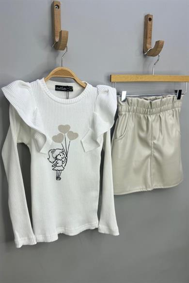 Cuties Kız Çocuk Fırfırlı Kol Baskılı Kaşkorse Body 4222 Krem