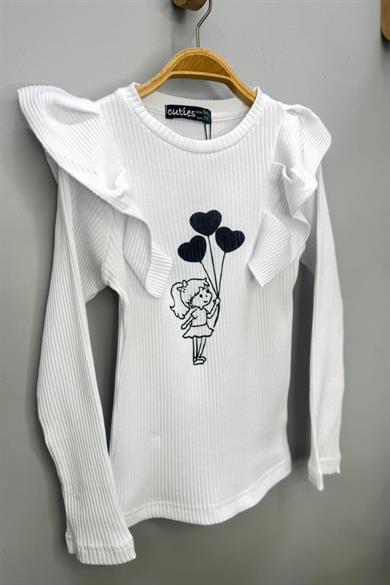 Cuties Kız Çocuk Fırfırlı Kol Baskılı Kaşkorse Body 4222 Beyaz