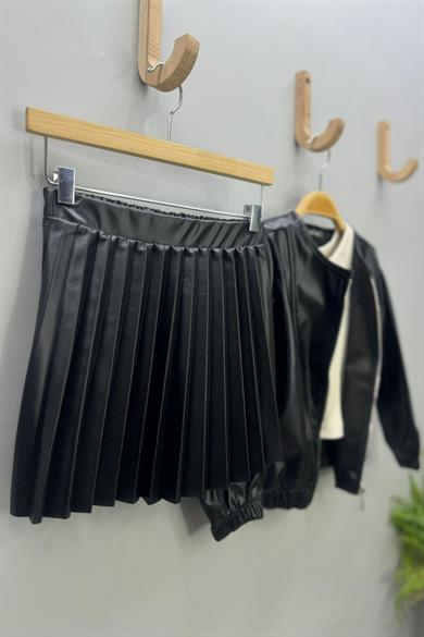 Cuties Kız çocuk Pileli Deri Etek 3549 Siyah