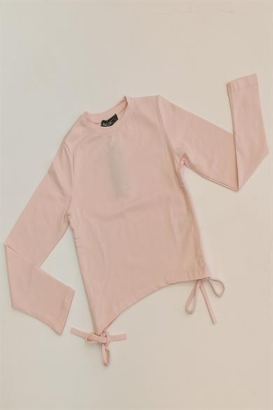 Cuties Kız Çocuk Yandan Bağlamalı İnce Uzun Kol T-shirt 03002 Pudra