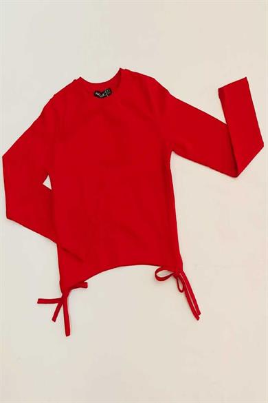 Cuties Kız Çocuk Yandan Bağlamalı İnce Uzun Kol T-shirt 03002 Kırmızı