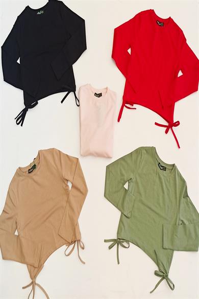 Cuties Kız Çocuk Yandan Bağlamalı İnce Uzun Kol T-shirt 03002 Siyah