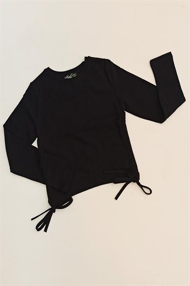 Cuties Kız Çocuk Yandan Bağlamalı İnce Uzun Kol T-shirt 03002 Siyah