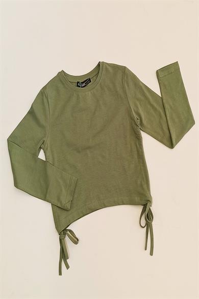 Cuties Kız Çocuk Yandan Bağlamalı İnce Uzun Kol T-shirt 03002 Yeşil