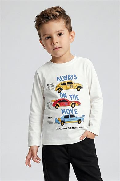 DMB Erkek Bebek 1-7 Yaş Araba Desenli İnce Uzun Kol T-shirt Ekru