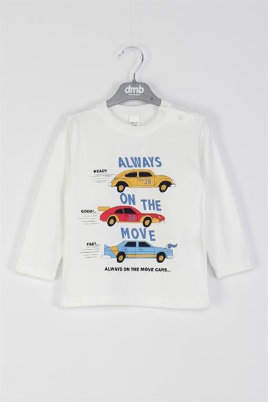 DMB Erkek Bebek 1-7 Yaş Araba Desenli İnce Uzun Kol T-shirt Ekru