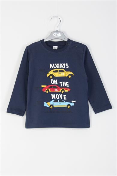 DMB Erkek Bebek 1-7 Yaş Araba Desenli İnce Uzun Kol T-shirt Lacivert