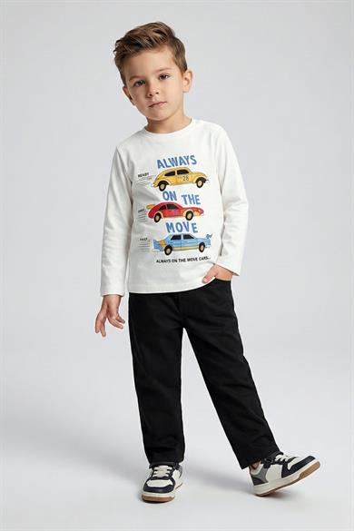 DMB Erkek Bebek 1-7 Yaş Araba Desenli İnce Uzun Kol T-shirt Ekru