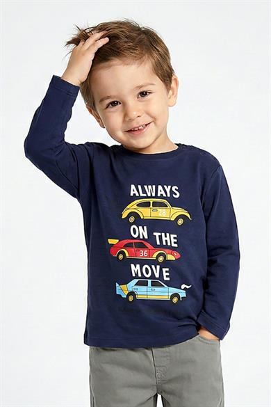 DMB Erkek Bebek 1-7 Yaş Araba Desenli İnce Uzun Kol T-shirt Lacivert