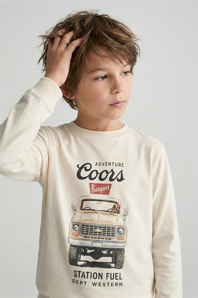 Dmb Erkek Çocuk 4-9 Yaş Araba Baskılı İnce Uzun Kol T-shirt Krem