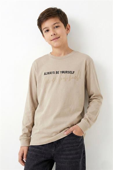 DMB Erkek Çocuk 9-14 Yaş Sırt  Baskılı İnce Uzun Kol T-shirt Bej