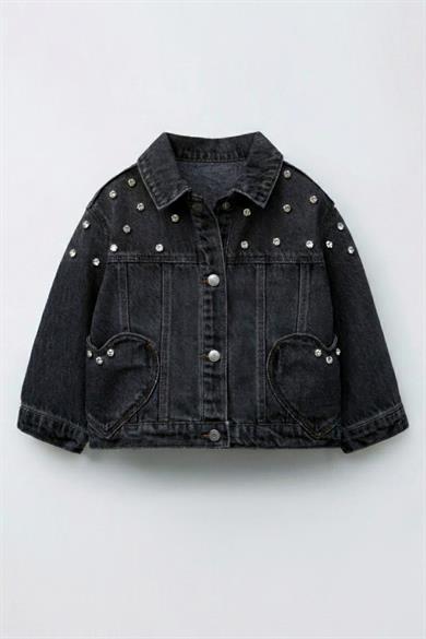Dmb Kız Çocuk 4-9 Yaş Kalp Cepli Taşlı Denim Ceket Füme