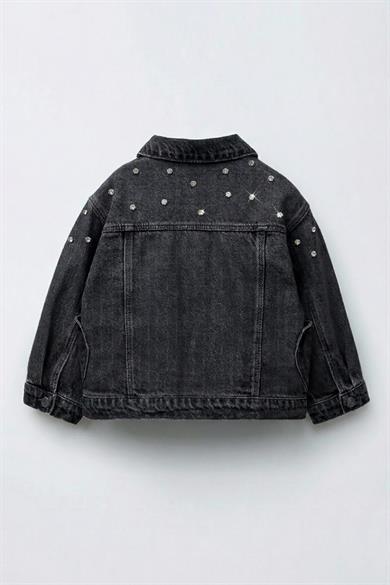 Dmb Kız Çocuk 4-9 Yaş Kalp Cepli Taşlı Denim Ceket Füme
