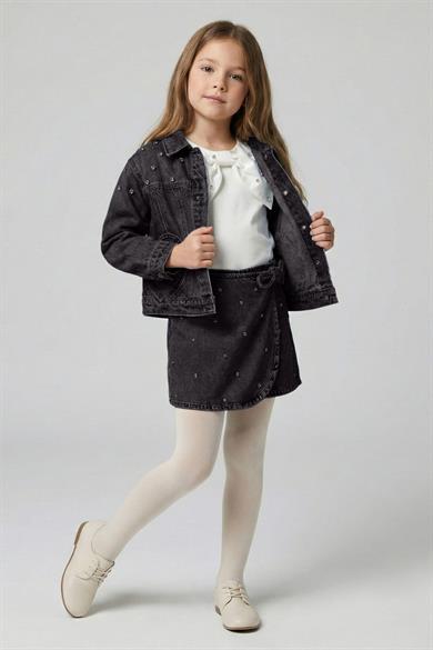 Dmb Kız Çocuk 4-9 Yaş Kalp Cepli Taşlı Denim Ceket Füme