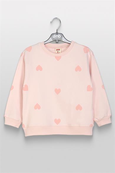 DMB Kız Çocuk 4-9 Yaş Kalp Desenli Mevsimlik Sweatshirt Pudra