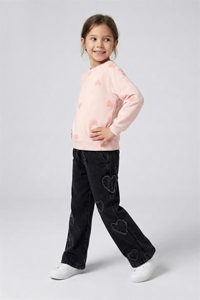 DMB Kız Çocuk 4-9 Yaş Kalp Desenli Mevsimlik Sweatshirt Pudra