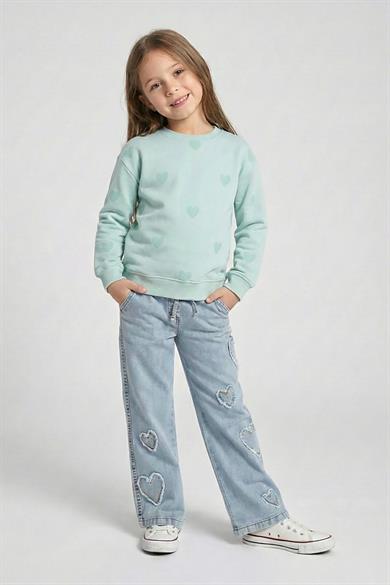 DMB Kız Çocuk 4-9 Yaş Kalp Desenli Mevsimlik Sweatshirt Mint