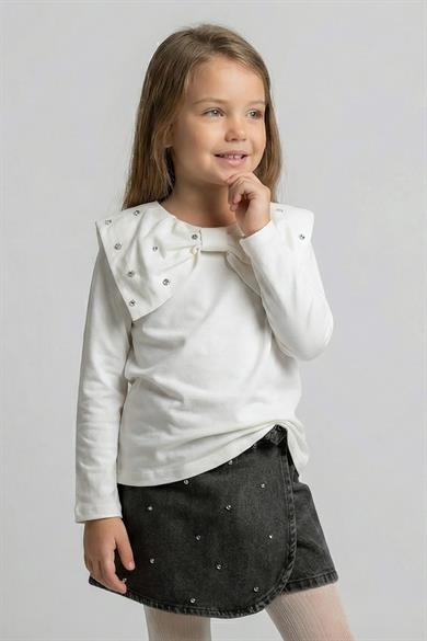 Dmb Kız Çocuk 4-9 Yaş Taşlı Fiyonk Yaka Denim Şort Etekli Takım Füme