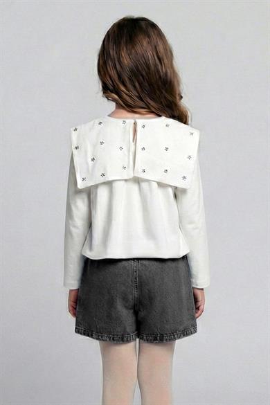 Dmb Kız Çocuk 4-9 Yaş Taşlı Fiyonk Yaka Denim Şort Etekli Takım Füme