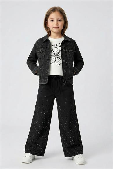Dmb Kız Çocuk 4-9 Yaş Taşlı Palazzo Denim Pantolon Siyah
