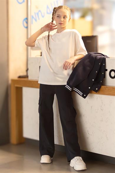 DMB Kız Çocuk 7-15 Yaş  Kısa Kol Oversize Basic T-shirt Ekru