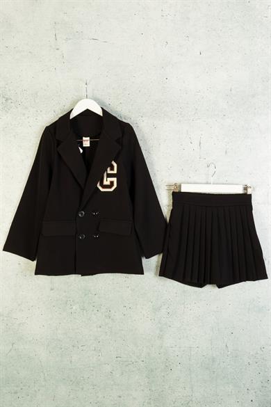 DMB Kız Çocuk 9-14 Yaş Blazer Ceketli Şort Etekli Takım Siyah
