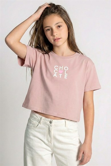 DMB Kız Çocuk 9-14 Yaş Desenli Kısa Kol Crop T-Shirt Pudra