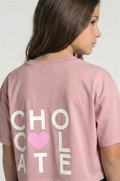 DMB Kız Çocuk 9-14 Yaş Desenli Kısa Kol Crop T-Shirt Pudra