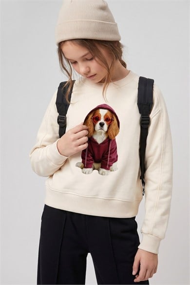 DMB Kız Çocuk 9-14 Yaş Köpek Baskılı Sweatshirt Krem
