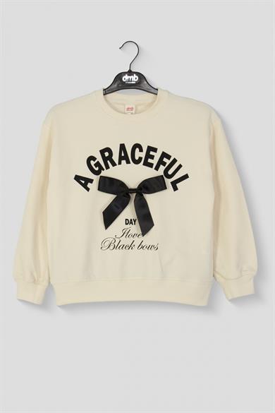 DMB Kız Çocuk 9-14 Yaş Kurdela Detaylı Sweatshirt Krem