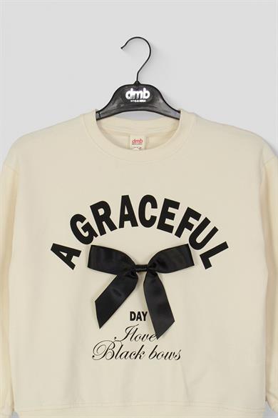 DMB Kız Çocuk 9-14 Yaş Kurdela Detaylı Sweatshirt Krem
