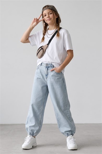 Dmb Kız Çocuk 9-14 Yaş Yumuşak Denim Jogger Pantolon Mavi