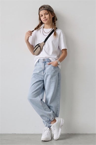 Dmb Kız Çocuk 9-14 Yaş Yumuşak Denim Jogger Pantolon Mavi