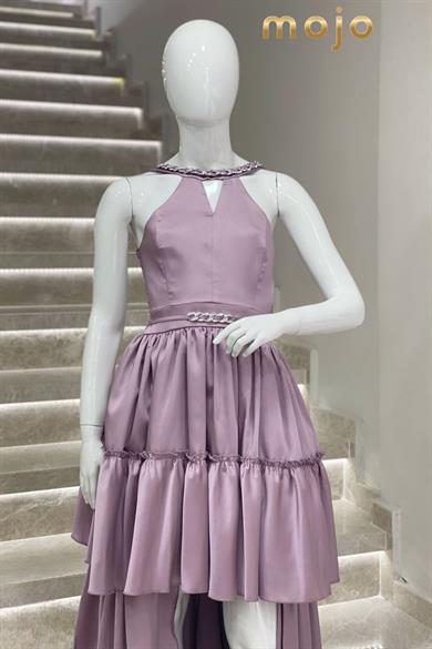 Erkut Abiye Boyundan Askılı Taş Detaylı Önü Kısa Abiye Elbise 647 Lila