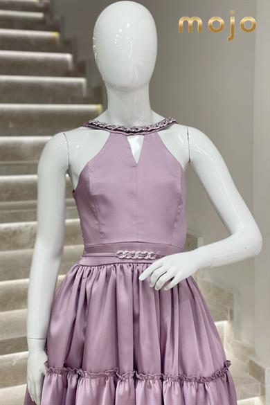 Erkut Abiye Boyundan Askılı Taş Detaylı Önü Kısa Abiye Elbise 647 Lila