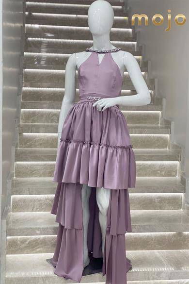 Erkut Abiye Boyundan Askılı Taş Detaylı Önü Kısa Abiye Elbise 647 Lila