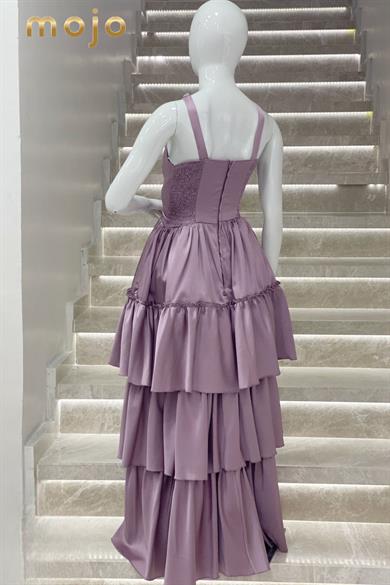 Erkut Abiye Boyundan Askılı Taş Detaylı Önü Kısa Abiye Elbise 647 Lila