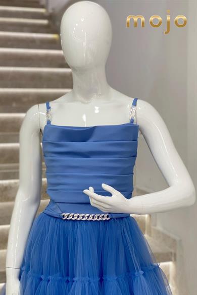 Erkut Abiye Degaje Yaka Taş Detaylı Önü Kısa Abiye Elbise 615 İndigo