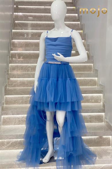 Erkut Abiye Degaje Yaka Taş Detaylı Önü Kısa Abiye Elbise 615 İndigo