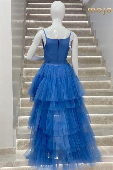 Erkut Abiye Degaje Yaka Taş Detaylı Önü Kısa Abiye Elbise 615 İndigo