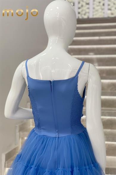 Erkut Abiye Degaje Yaka Taş Detaylı Önü Kısa Abiye Elbise 615 İndigo