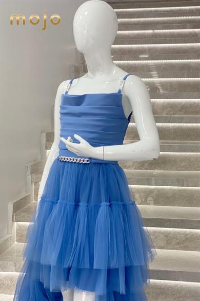 Erkut Abiye Degaje Yaka Taş Detaylı Önü Kısa Abiye Elbise 615 İndigo