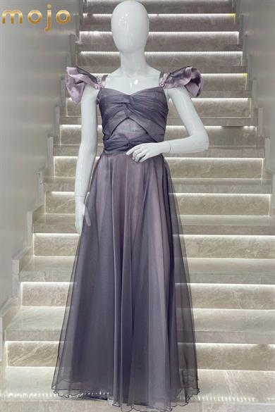 Erkut Abiye Düşük Kol Tafta Kumaş Uzun Abiye Elbise 643 Lila