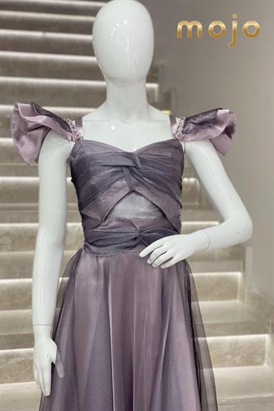 Erkut Abiye Düşük Kol Tafta Kumaş Uzun Abiye Elbise 643 Lila