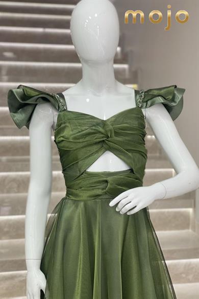 Erkut Abiye Düşük Kol Tafta Kumaş Uzun Abiye Elbise 643 Yeşil