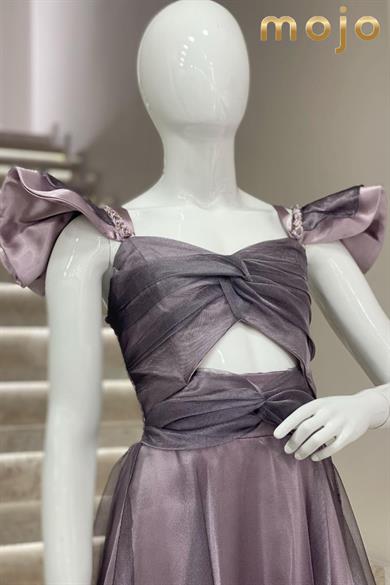 Erkut Abiye Düşük Kol Tafta Kumaş Uzun Abiye Elbise 643 Lila